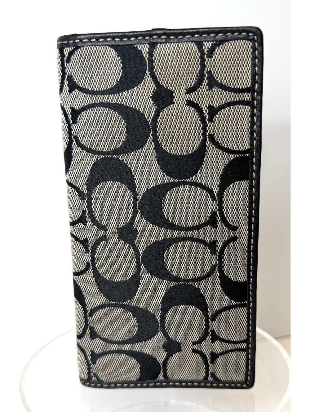 Vintage COACH Black Signature Jacquard Checkbook Cover Slim Bifold Wallet SLG